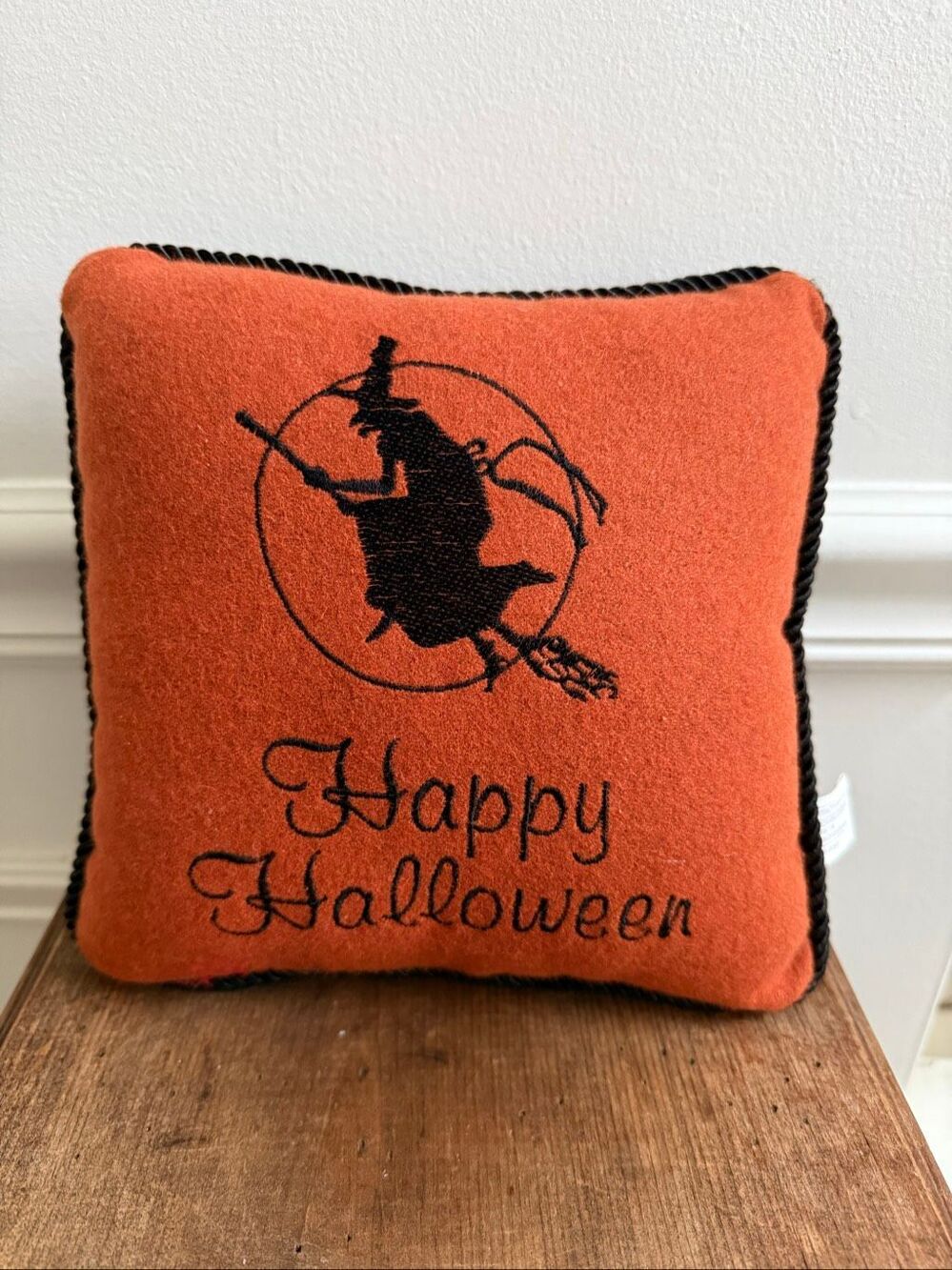 Happy Halloween Fall Autumn Small Witch Embroidered Throw Pillow Decorative 8”